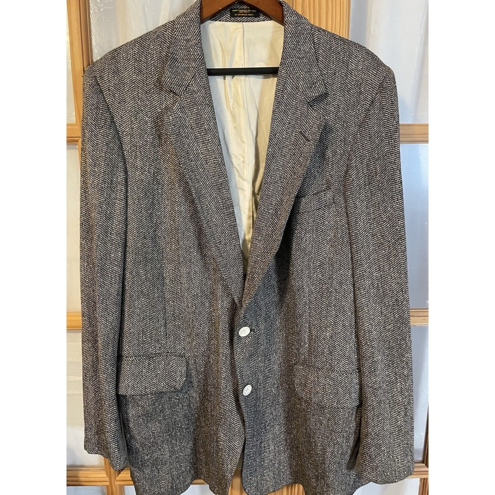 Vintage Sanabelt Herringbone Sports Jacket Mens 46 Beige 100% Wool USA Made